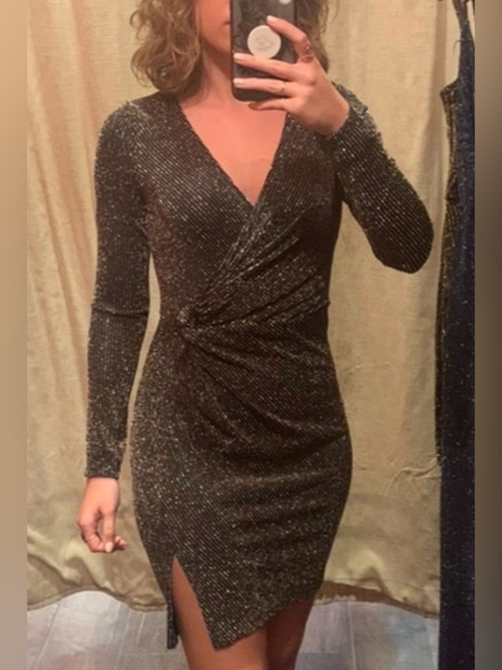 Mi ami Metallic Black Wrap-Front Long Sleeve Dress